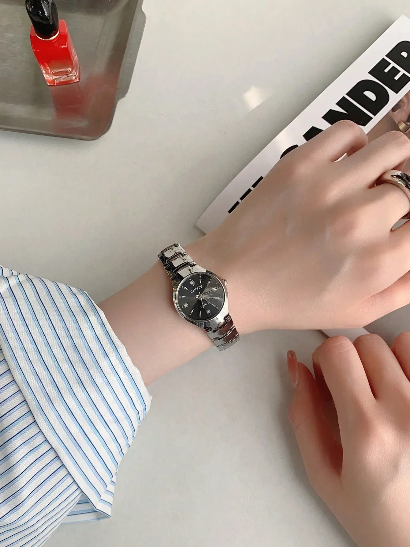 Stainless Steel Strap Black Dial Quartz Watch