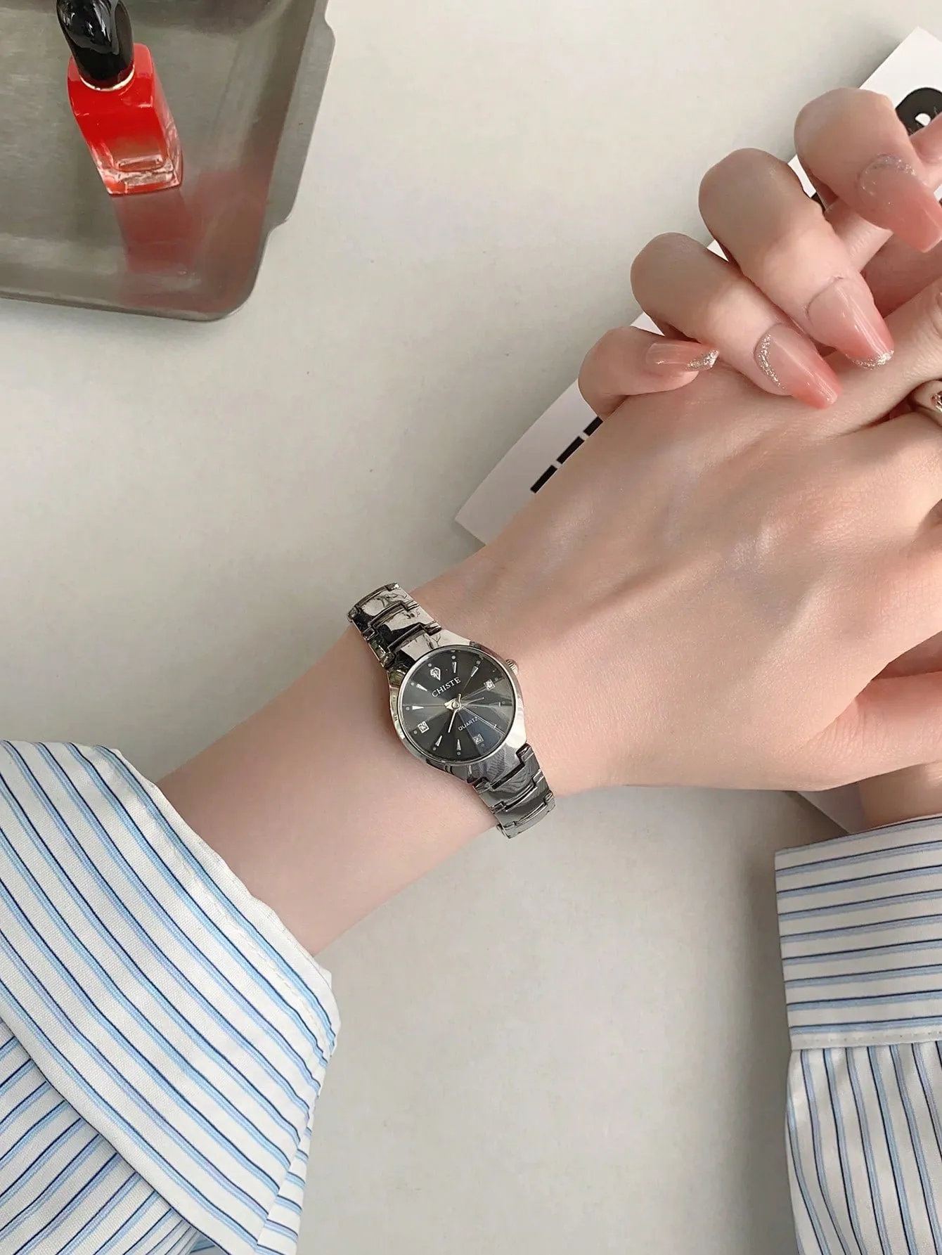 Stainless Steel Strap Black Dial Quartz Watch