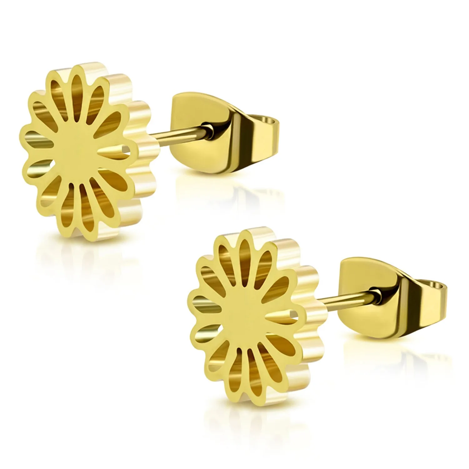 Stainless Steel Sunflower Floral Circle Round Button Stud Post Earrings