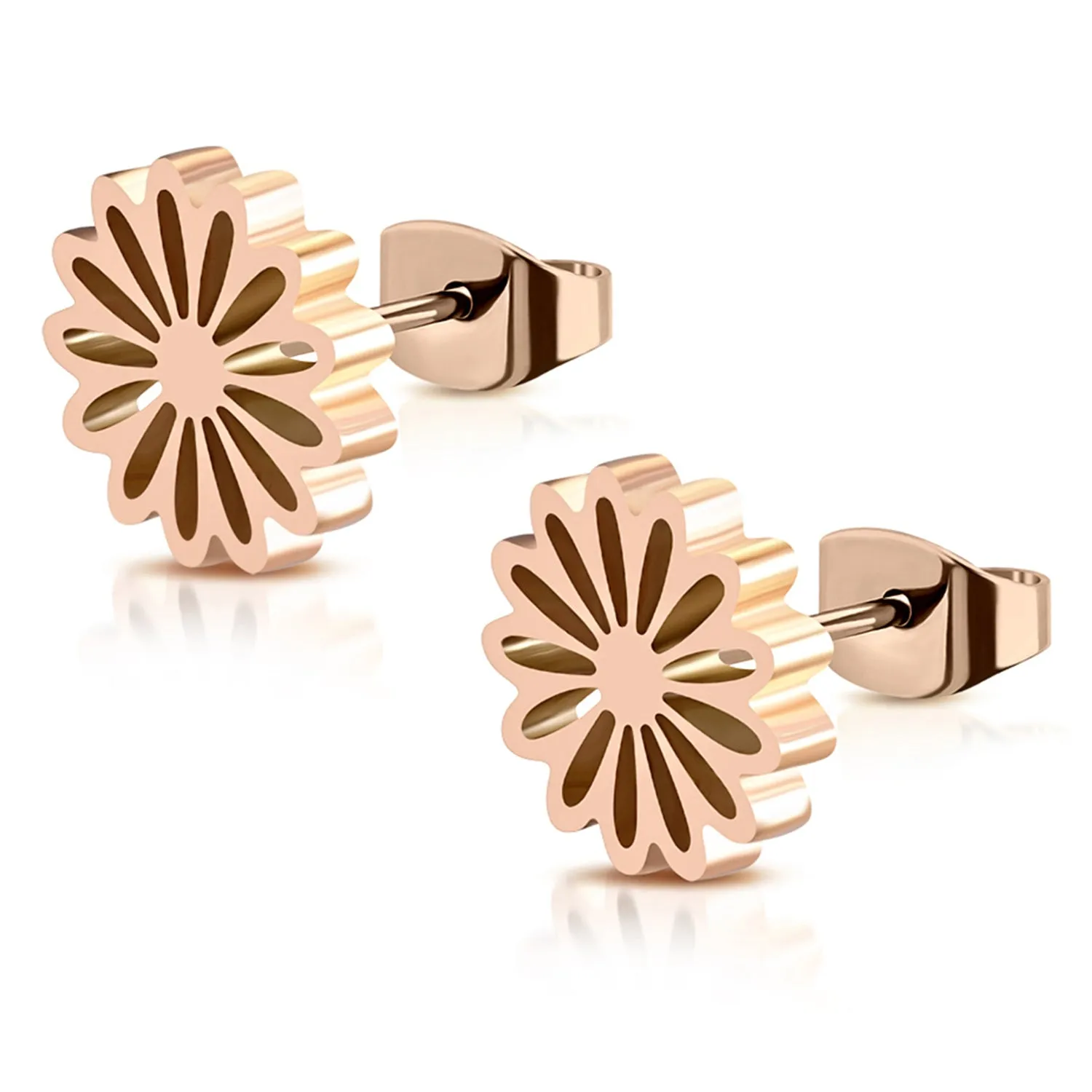 Stainless Steel Sunflower Floral Circle Round Button Stud Post Earrings