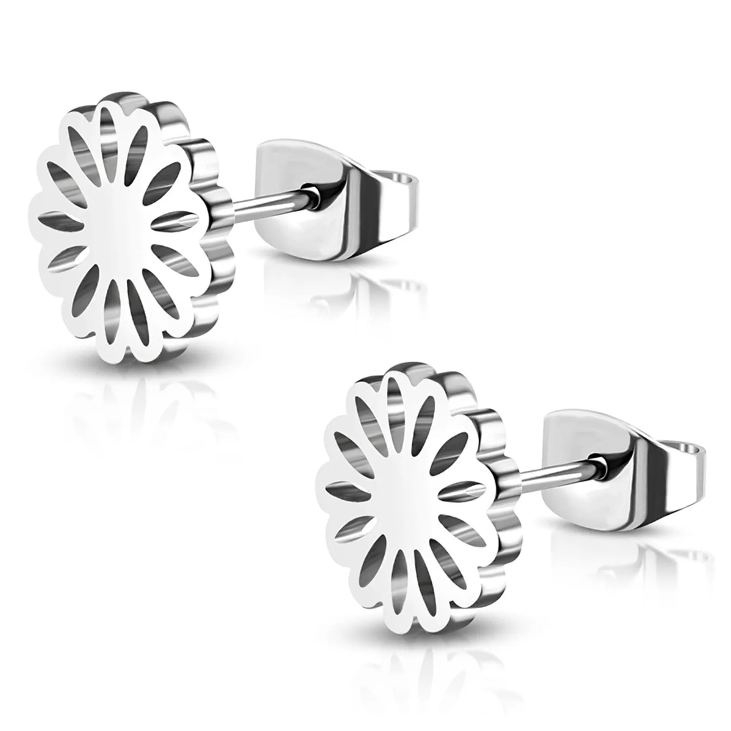 Stainless Steel Sunflower Floral Circle Round Button Stud Post Earrings