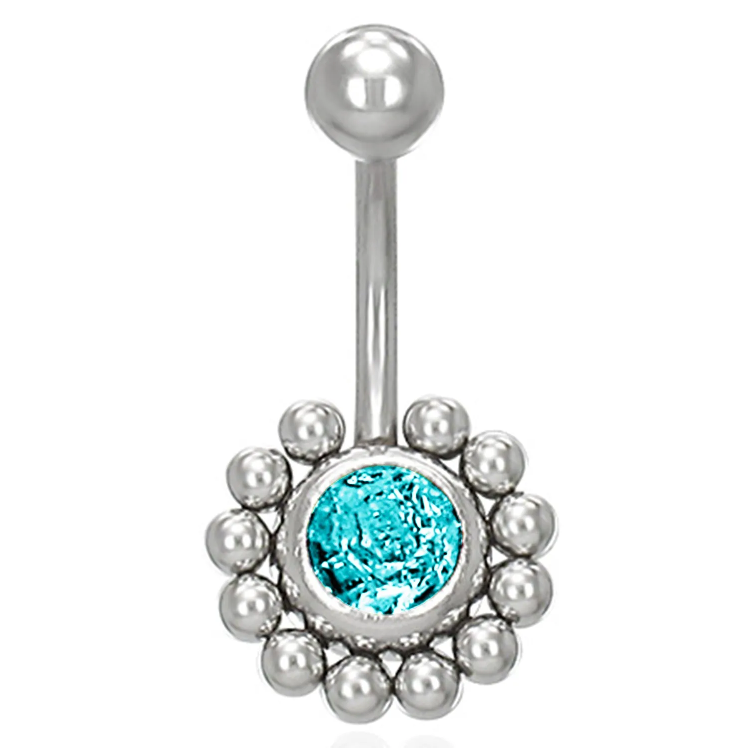 Stainless Steel Sunflower Floral Cubic Zirconia Color Emblem Charm Belly Button Navel Ring