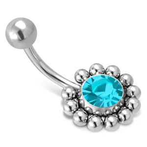 Stainless Steel Sunflower Floral Cubic Zirconia Color Emblem Charm Belly Button Navel Ring