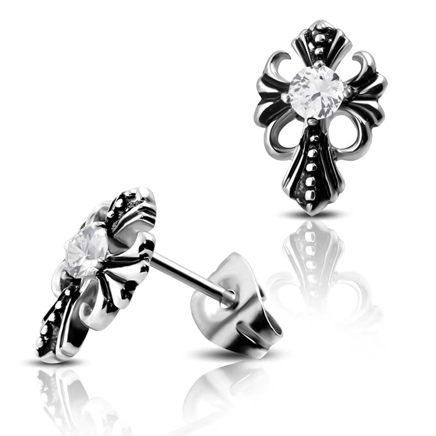 Stainless Steel Two-Tone Bali Style Fleur De Lis Floral Cross CZ Biker Stud Earrings