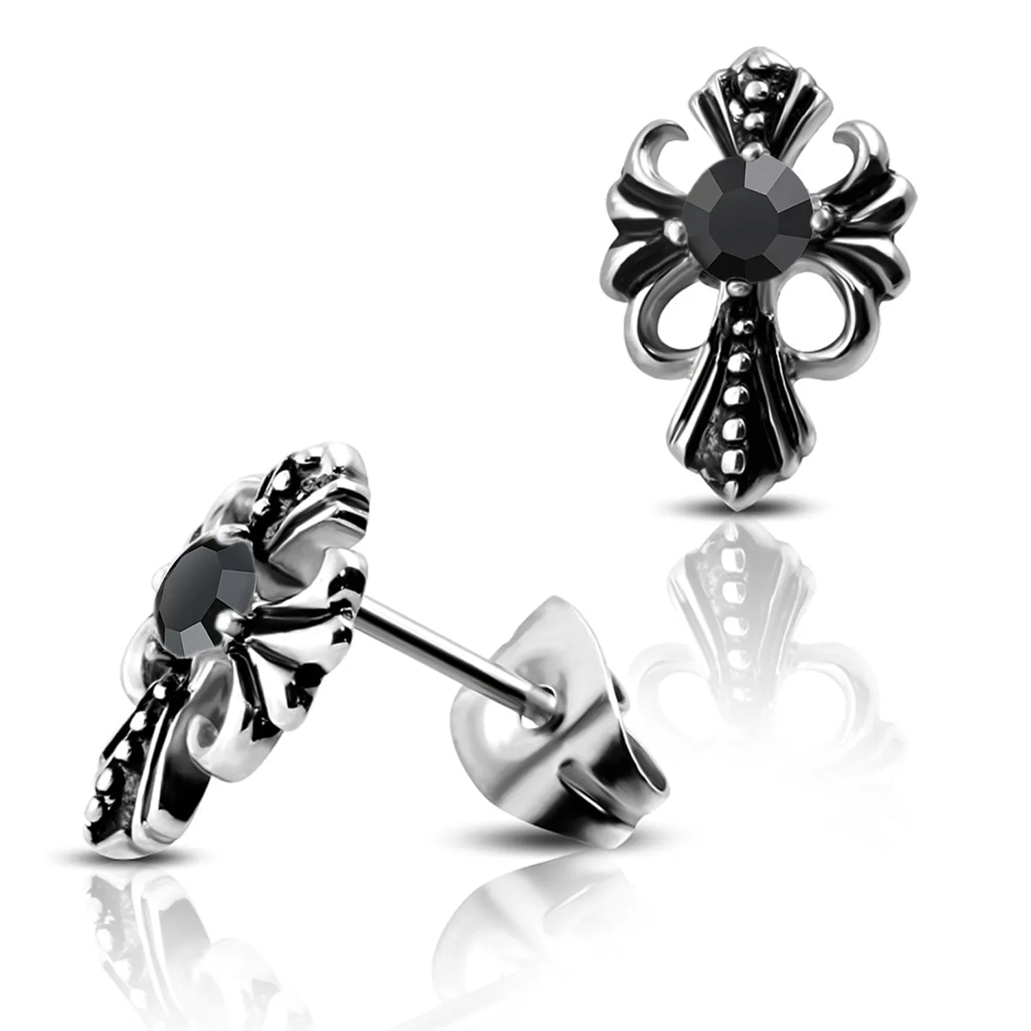 Stainless Steel Two-Tone Bali Style Fleur De Lis Floral Cross CZ Biker Stud Earrings
