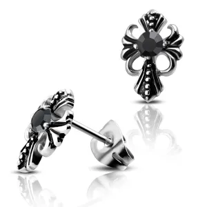 Stainless Steel Two-Tone Bali Style Fleur De Lis Floral Cross CZ Biker Stud Earrings