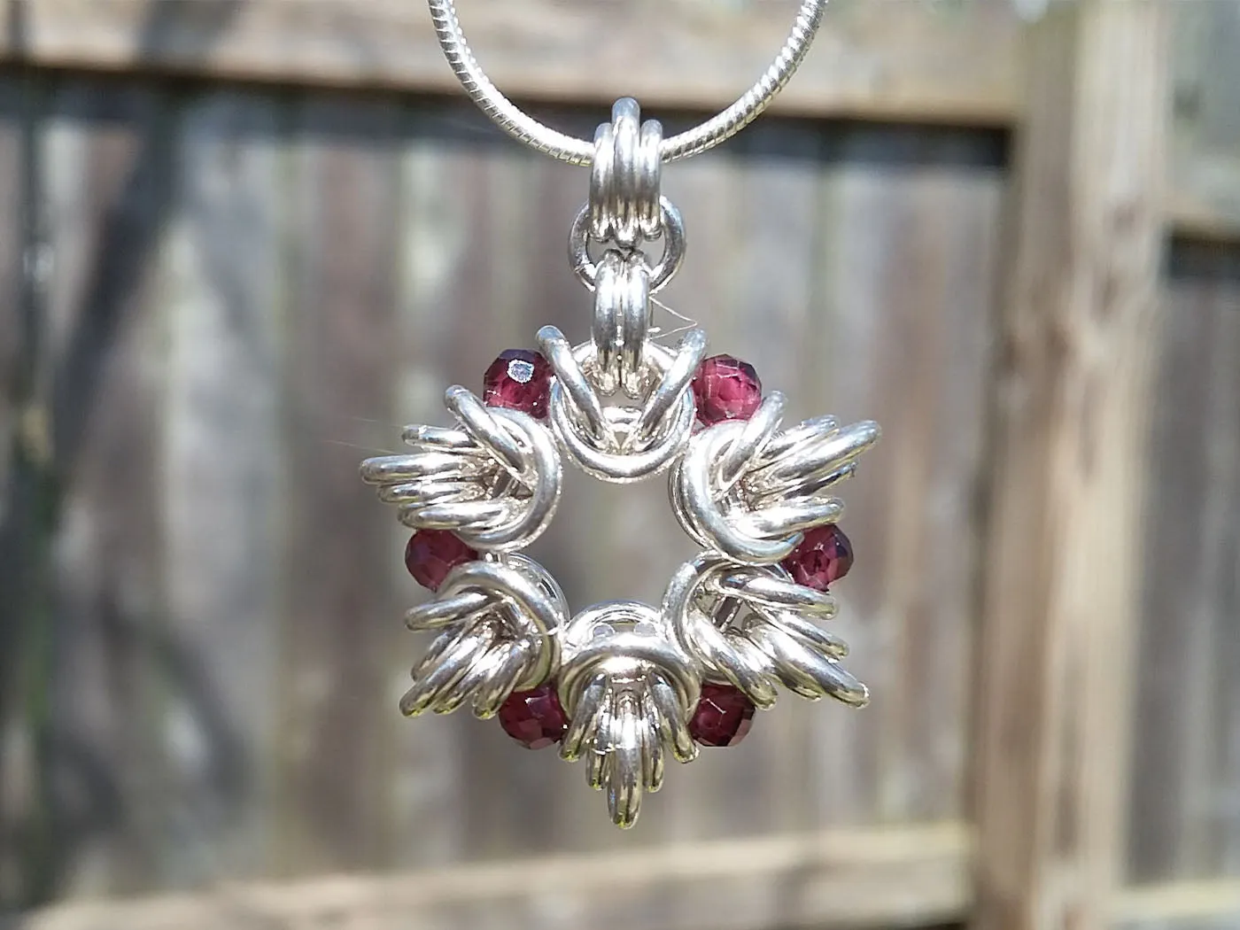 Sterling Silver & Garnet Byzantine Flower Pendant Necklace
