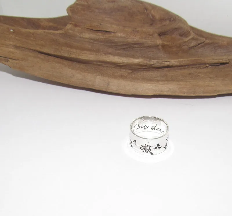 Sterling silver dandelion fluff ring, secret message ring, thumb ring ,custom personalized jewelry, hand stamped jewelry for mom,