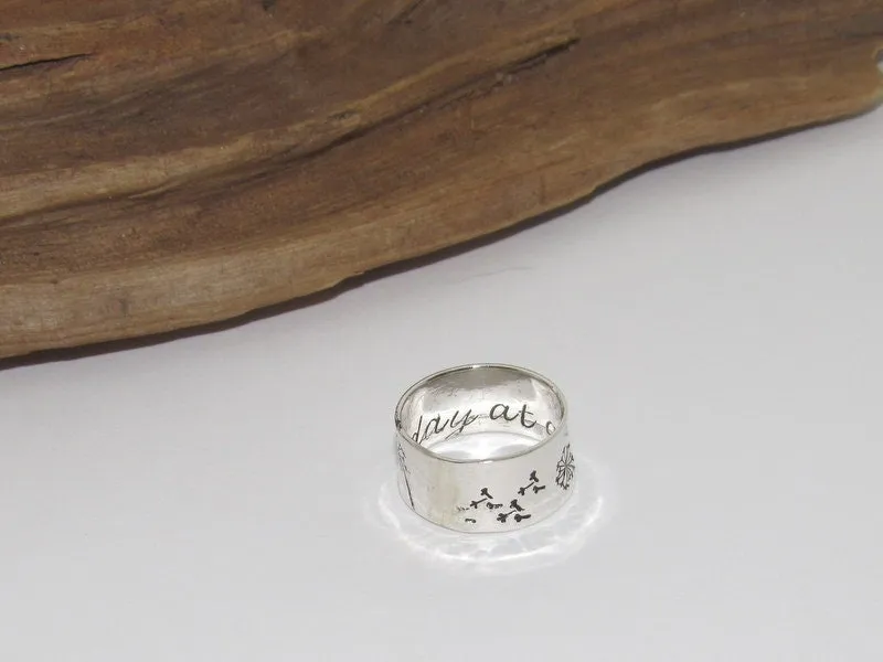 Sterling silver dandelion fluff ring, secret message ring, thumb ring ,custom personalized jewelry, hand stamped jewelry for mom,