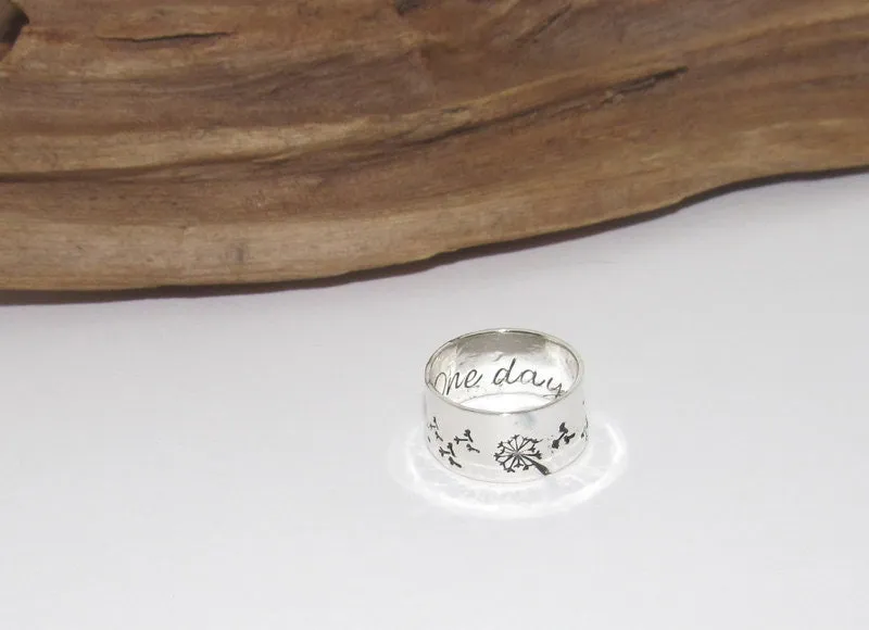 Sterling silver dandelion fluff ring, secret message ring, thumb ring ,custom personalized jewelry, hand stamped jewelry for mom,