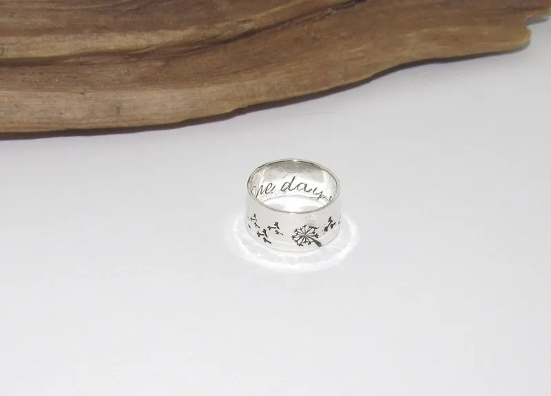 Sterling silver dandelion fluff ring, secret message ring, thumb ring ,custom personalized jewelry, hand stamped jewelry for mom,