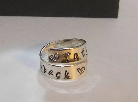 sterling  silver, love you to the moon and back, wrap ring, Hand stamped jewelry, personalized jewelry, mothers jewelry
