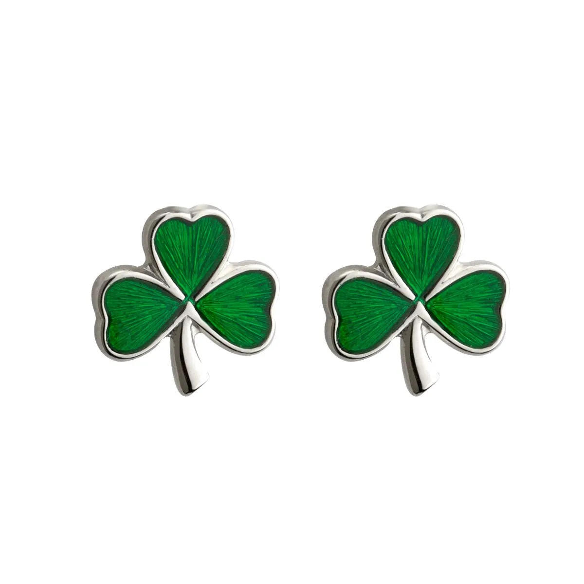 Sterling Silver Tiny Green Enamel Shamrock Stud Earrings - S3255