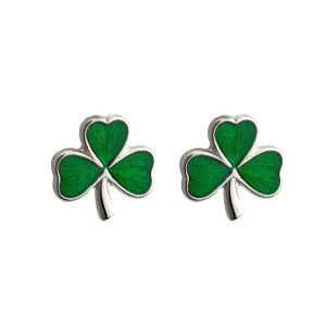 Sterling Silver Tiny Green Enamel Shamrock Stud Earrings - S3255
