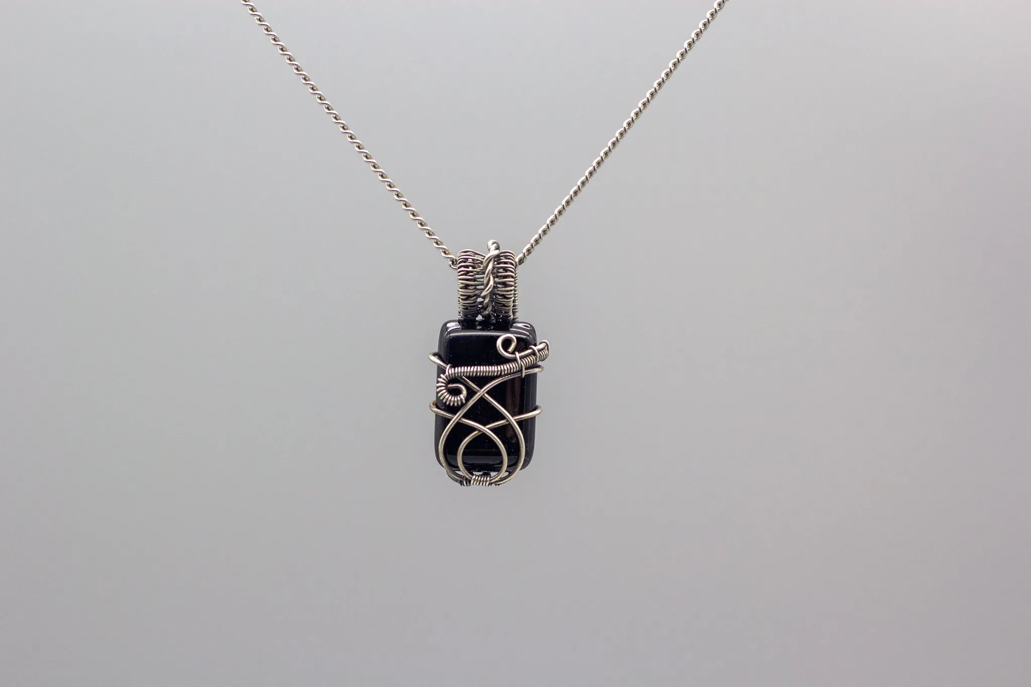 Sterling Silver Wire Pendant with Black Fused Glass