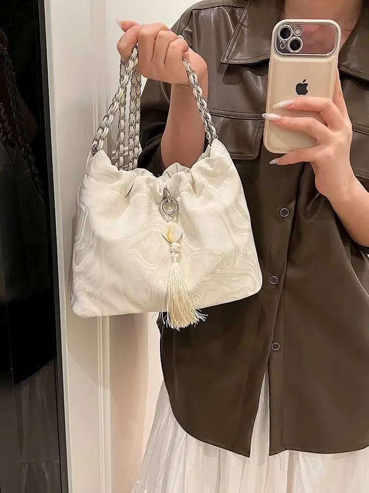 Tassel Accent Braided Handle Bucket Bag