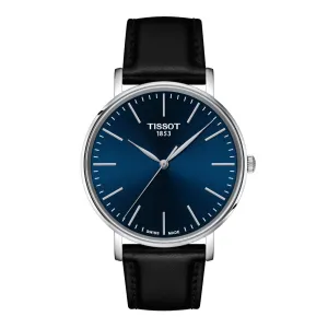 Tissot Everytime Mens Stainless Steel Blue Dial Black Leather Strap Watch