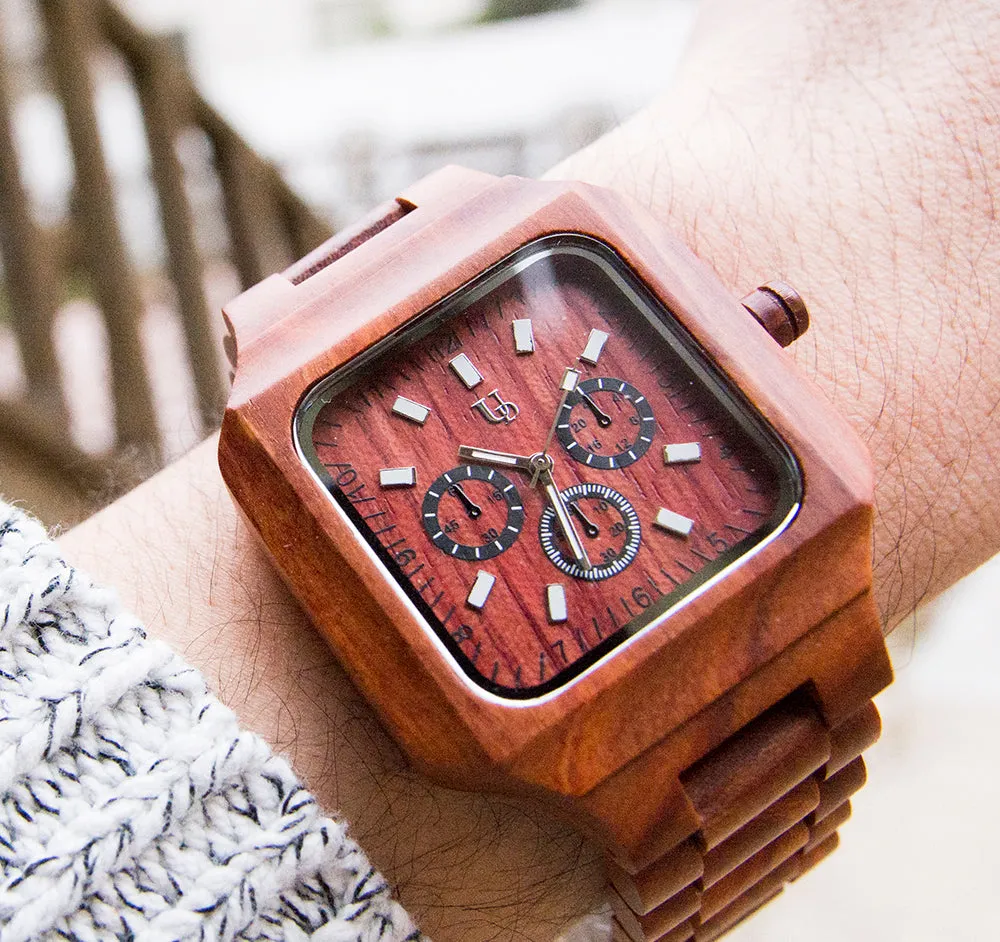 UD Handmade Mens Red Sandal Wooden Watch Square Wood Face