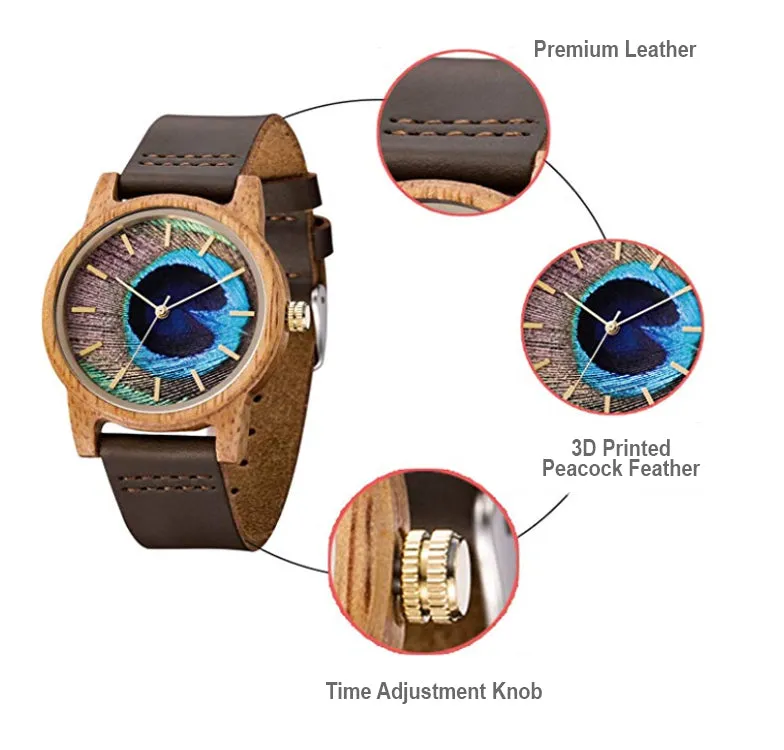 UD Handmade Unisex Peacock Feather Pattern Casual Leather Wooden Watch