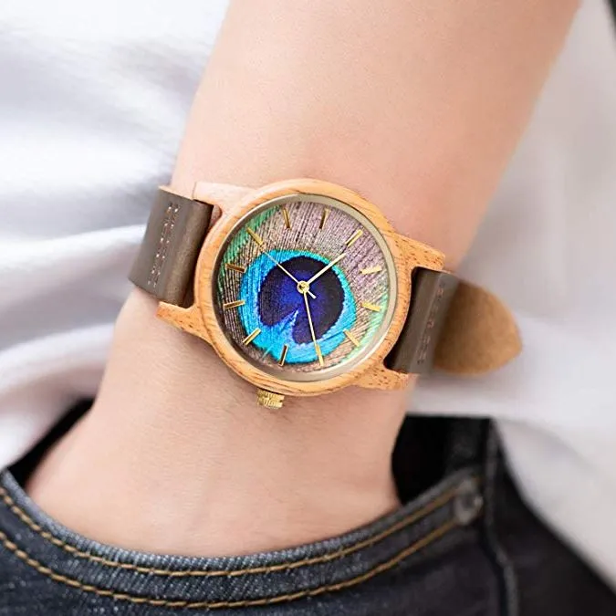UD Handmade Unisex Peacock Feather Pattern Casual Leather Wooden Watch