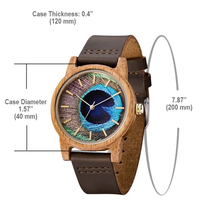 UD Handmade Unisex Peacock Feather Pattern Casual Leather Wooden Watch
