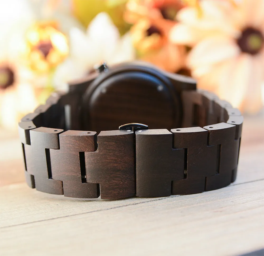 UXD Engraved Dark Mens Wooden Watch With Date Display