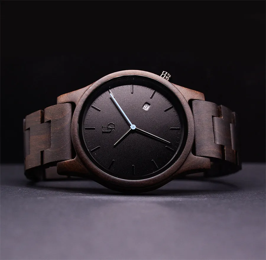 UXD Engraved Dark Mens Wooden Watch With Date Display
