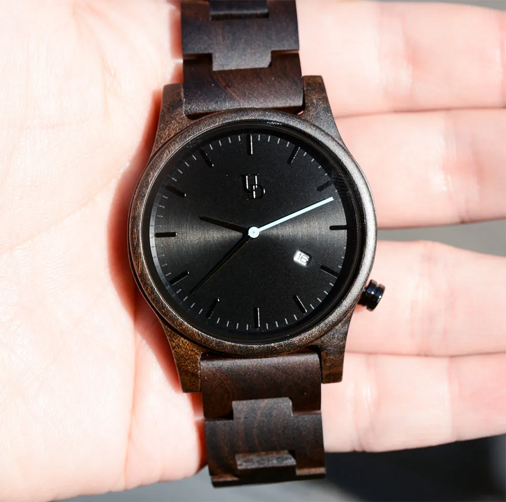 UXD Engraved Dark Mens Wooden Watch With Date Display