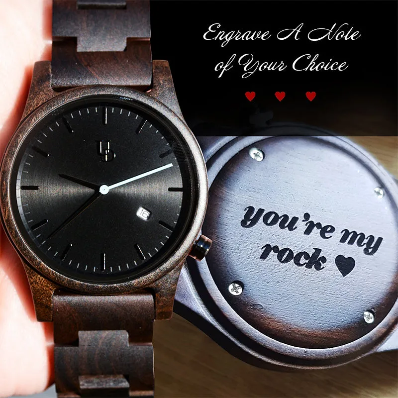 UXD Engraved Dark Mens Wooden Watch With Date Display