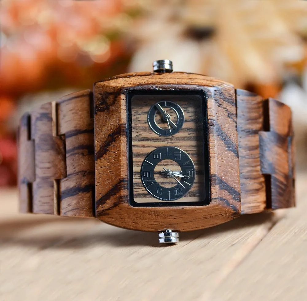 UXD Engraved Dual Panel Square Zebra Wood Watch For Men