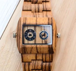 UXD Engraved Dual Panel Square Zebra Wood Watch For Men