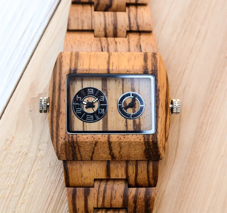 UXD Engraved Dual Panel Square Zebra Wood Watch For Men