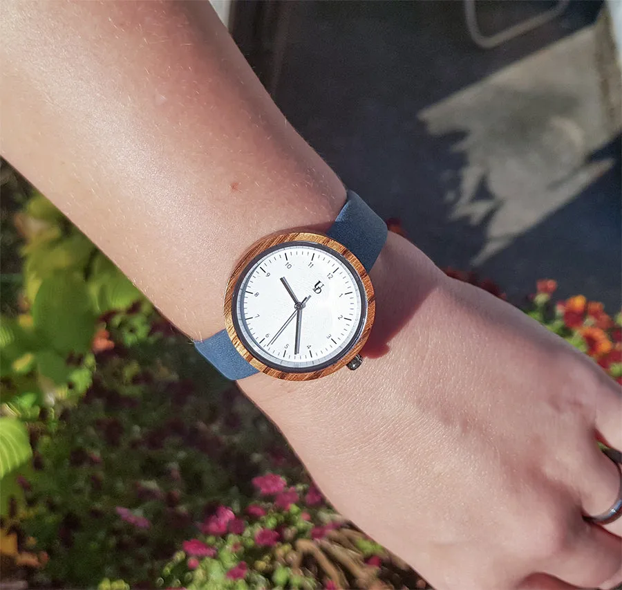 UXD Ladies Personalized/Engraved Zebra Wood Face Watch with Premium Leather Strap