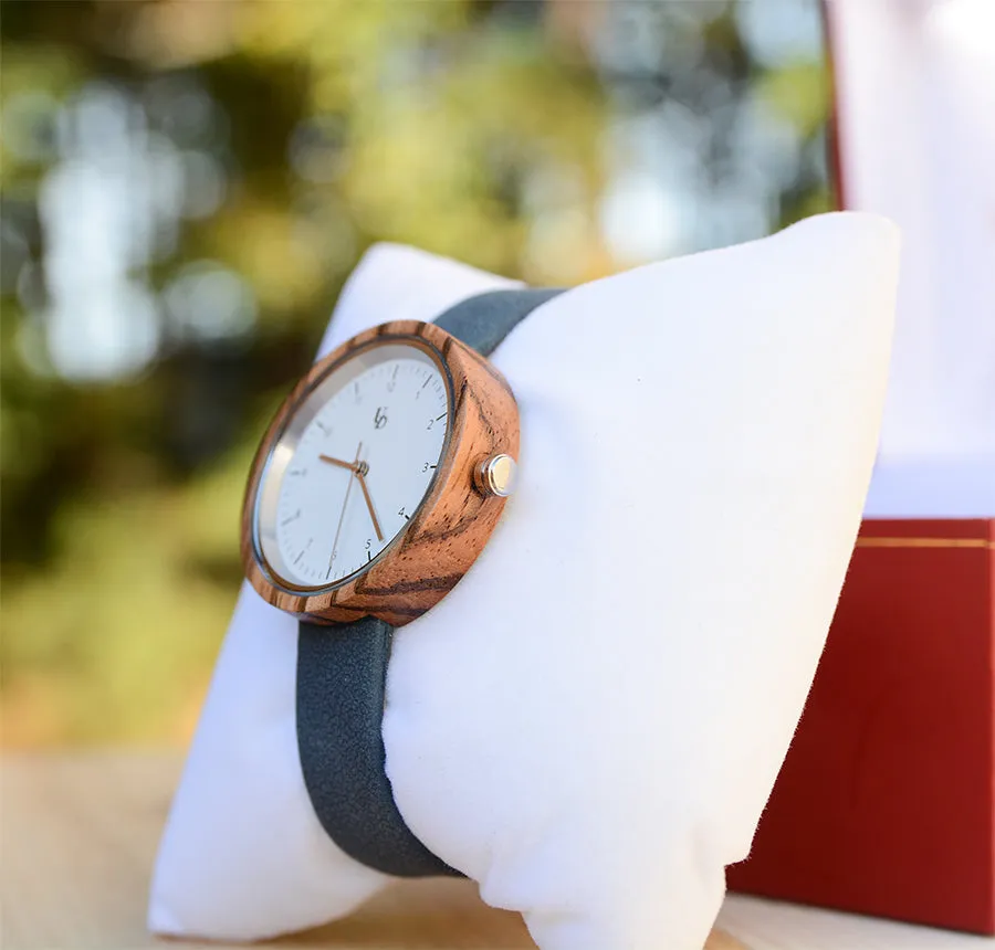 UXD Ladies Personalized/Engraved Zebra Wood Face Watch with Premium Leather Strap