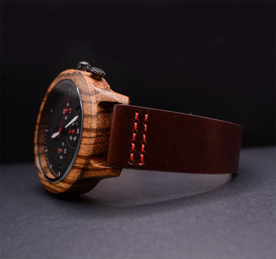 UXD Men's Chronograph Zebra Wooden Watch With Premium Leather Band