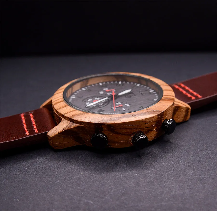 UXD Men's Chronograph Zebra Wooden Watch With Premium Leather Band