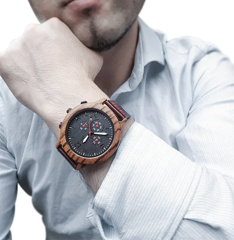 UXD Men's Chronograph Zebra Wooden Watch With Premium Leather Band