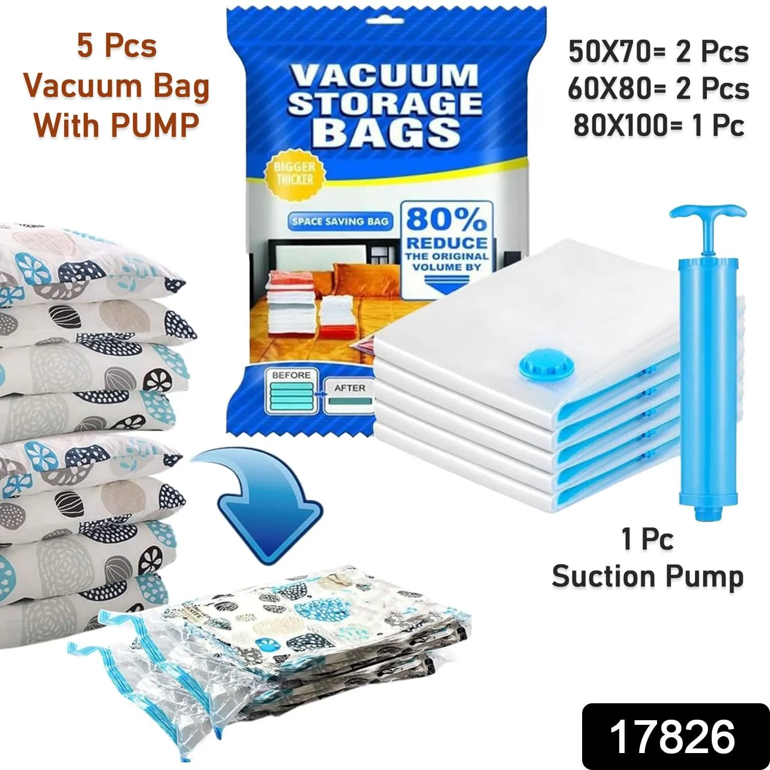 Vacuum Storage Bags Set with Hand Pump & Shirt Clips