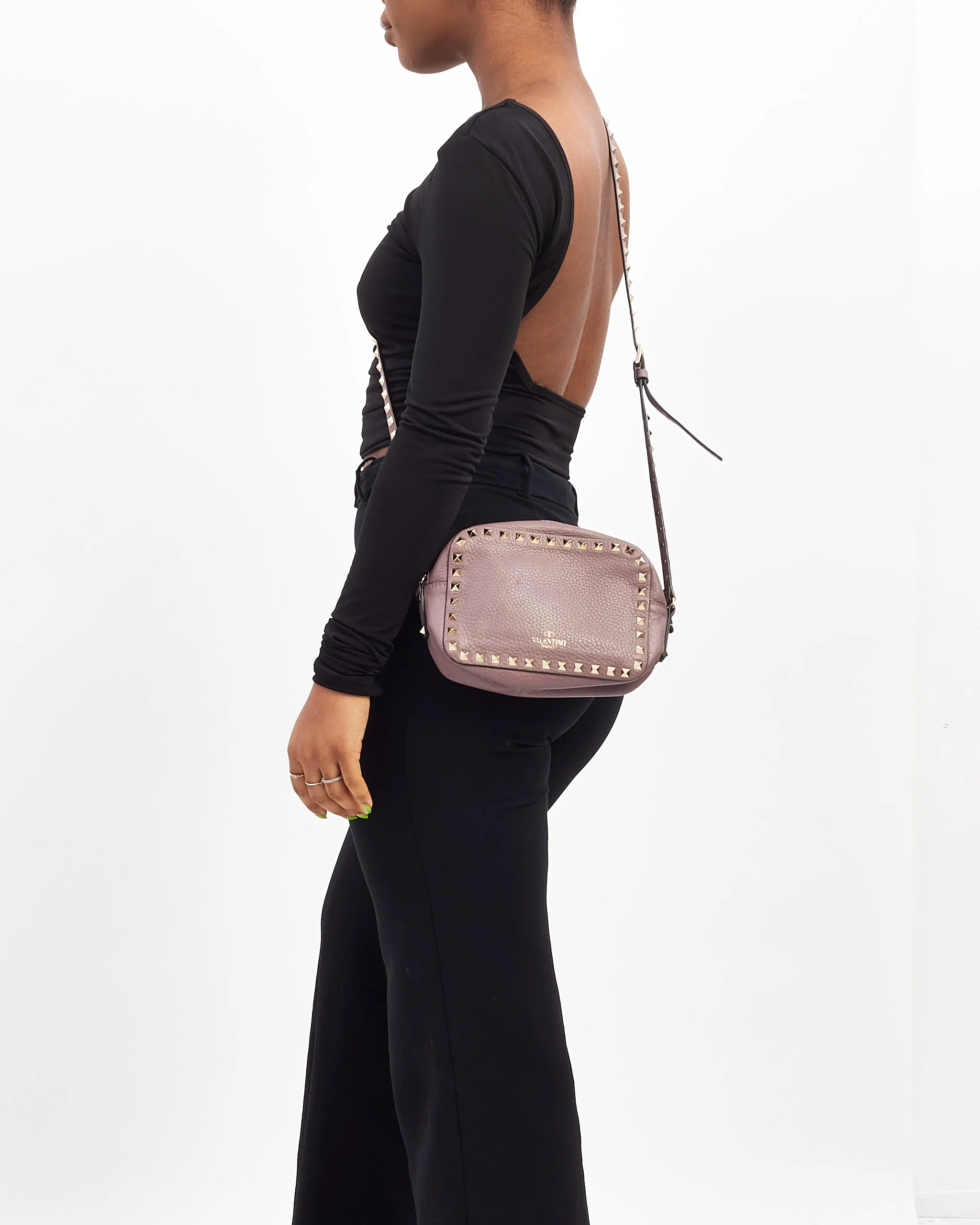 Valentino Purple Rosewood Leather Rockstud Camera Bag
