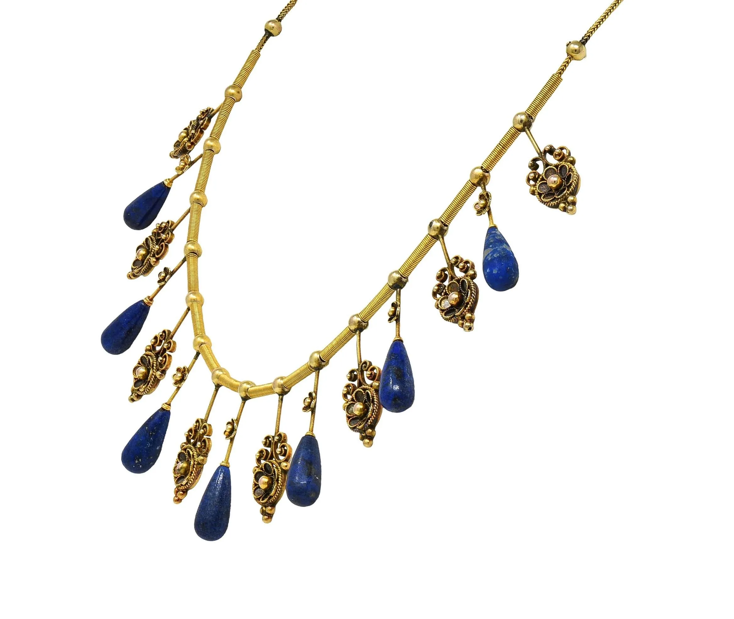 Victorian Etruscan Revival Lapis Lazuli 14 Karat Gold Antique Filigree Fringe Necklace