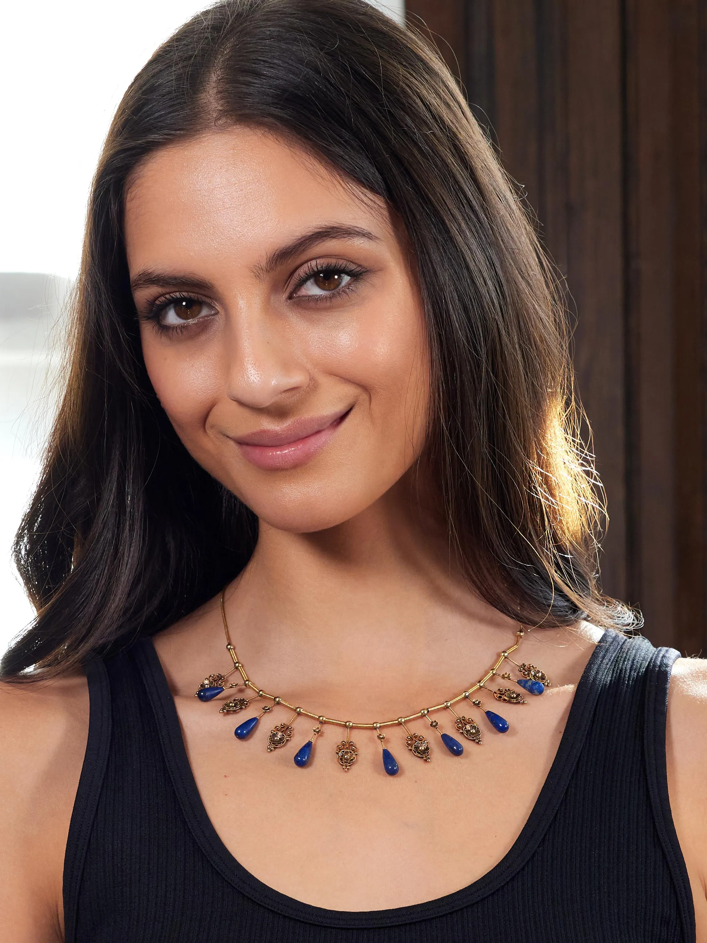 Victorian Etruscan Revival Lapis Lazuli 14 Karat Gold Antique Filigree Fringe Necklace
