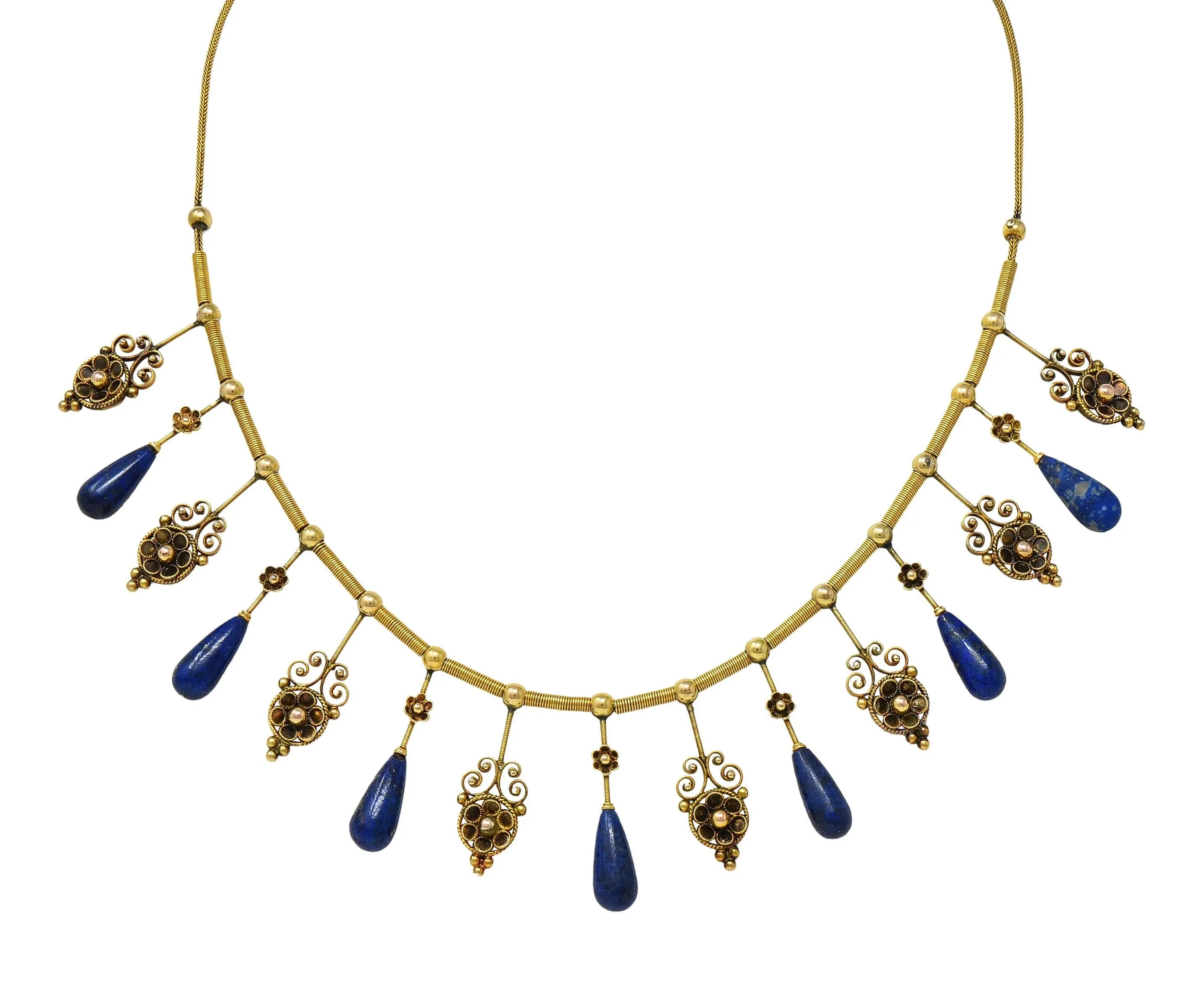 Victorian Etruscan Revival Lapis Lazuli 14 Karat Gold Antique Filigree Fringe Necklace