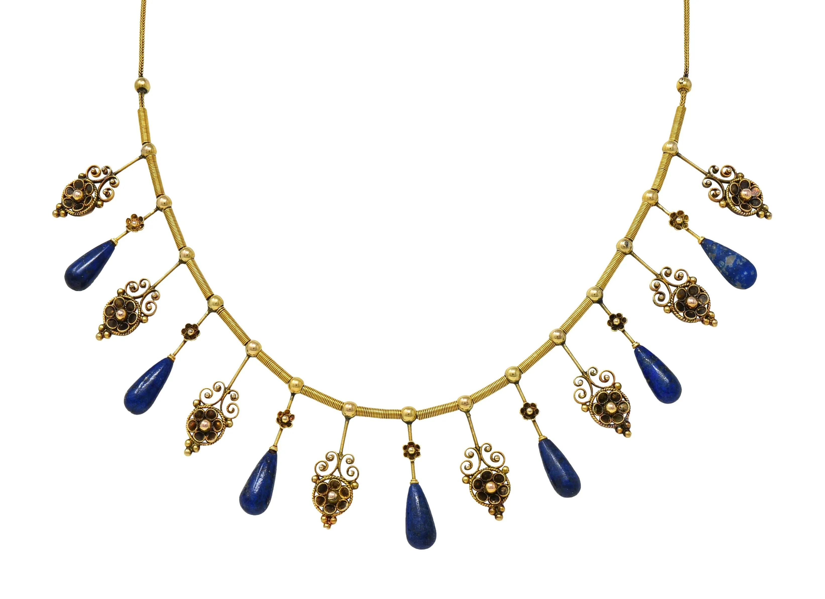 Victorian Etruscan Revival Lapis Lazuli 14 Karat Gold Antique Filigree Fringe Necklace