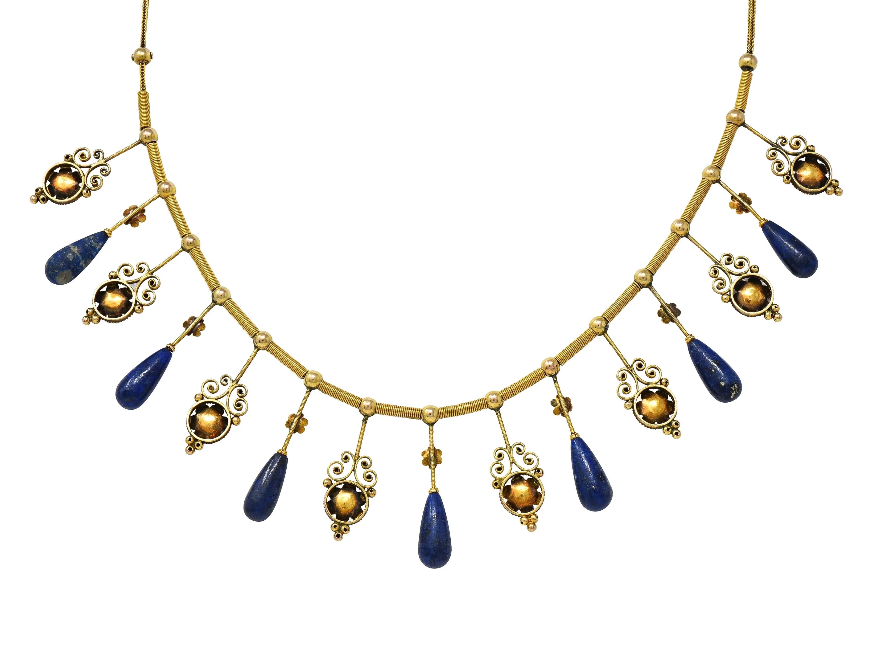 Victorian Etruscan Revival Lapis Lazuli 14 Karat Gold Antique Filigree Fringe Necklace