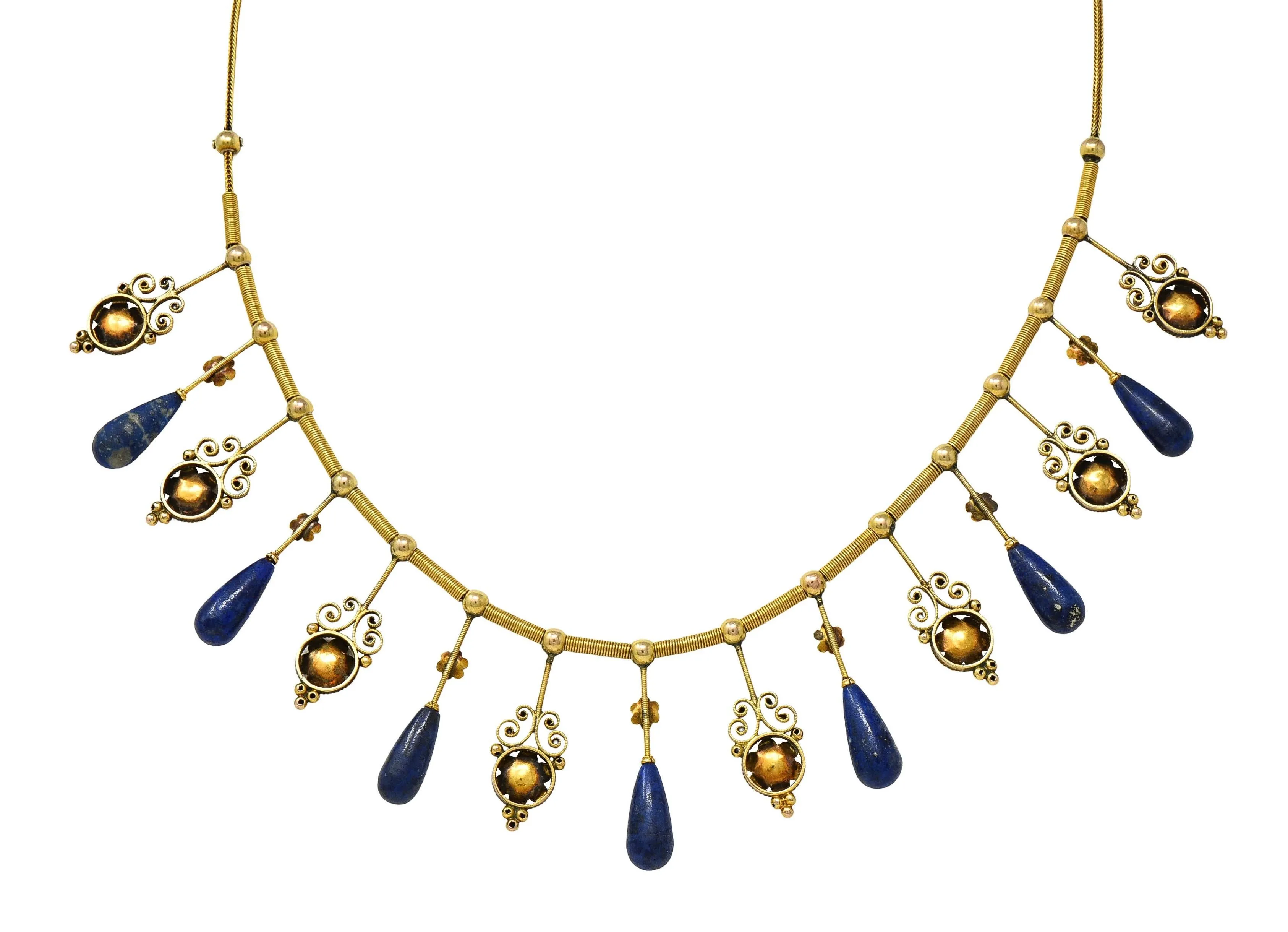 Victorian Etruscan Revival Lapis Lazuli 14 Karat Gold Antique Filigree Fringe Necklace