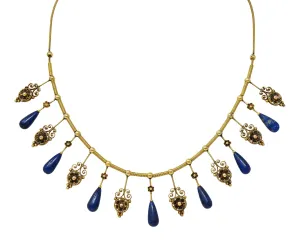 Victorian Etruscan Revival Lapis Lazuli 14 Karat Gold Antique Filigree Fringe Necklace