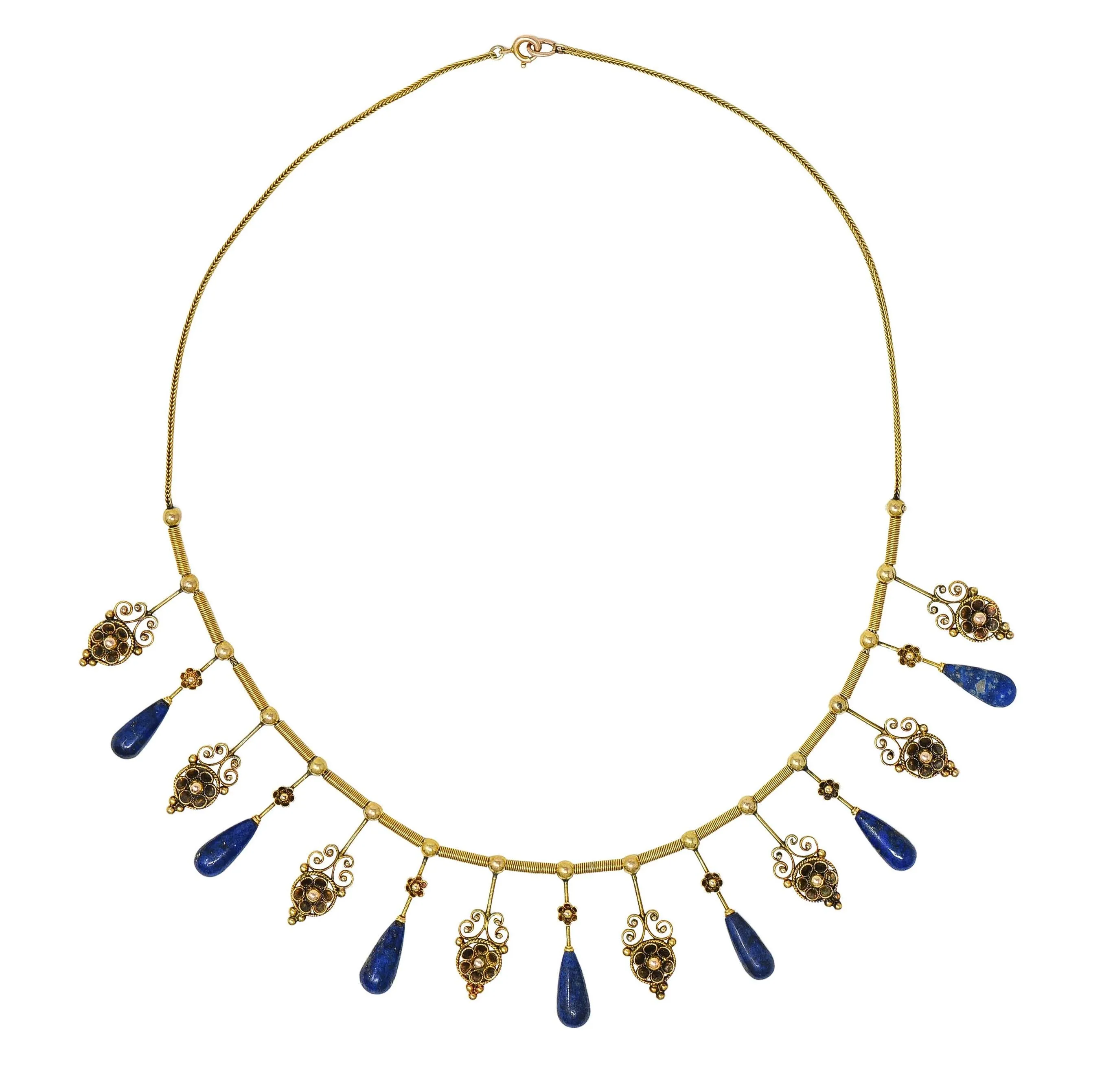 Victorian Etruscan Revival Lapis Lazuli 14 Karat Gold Antique Filigree Fringe Necklace