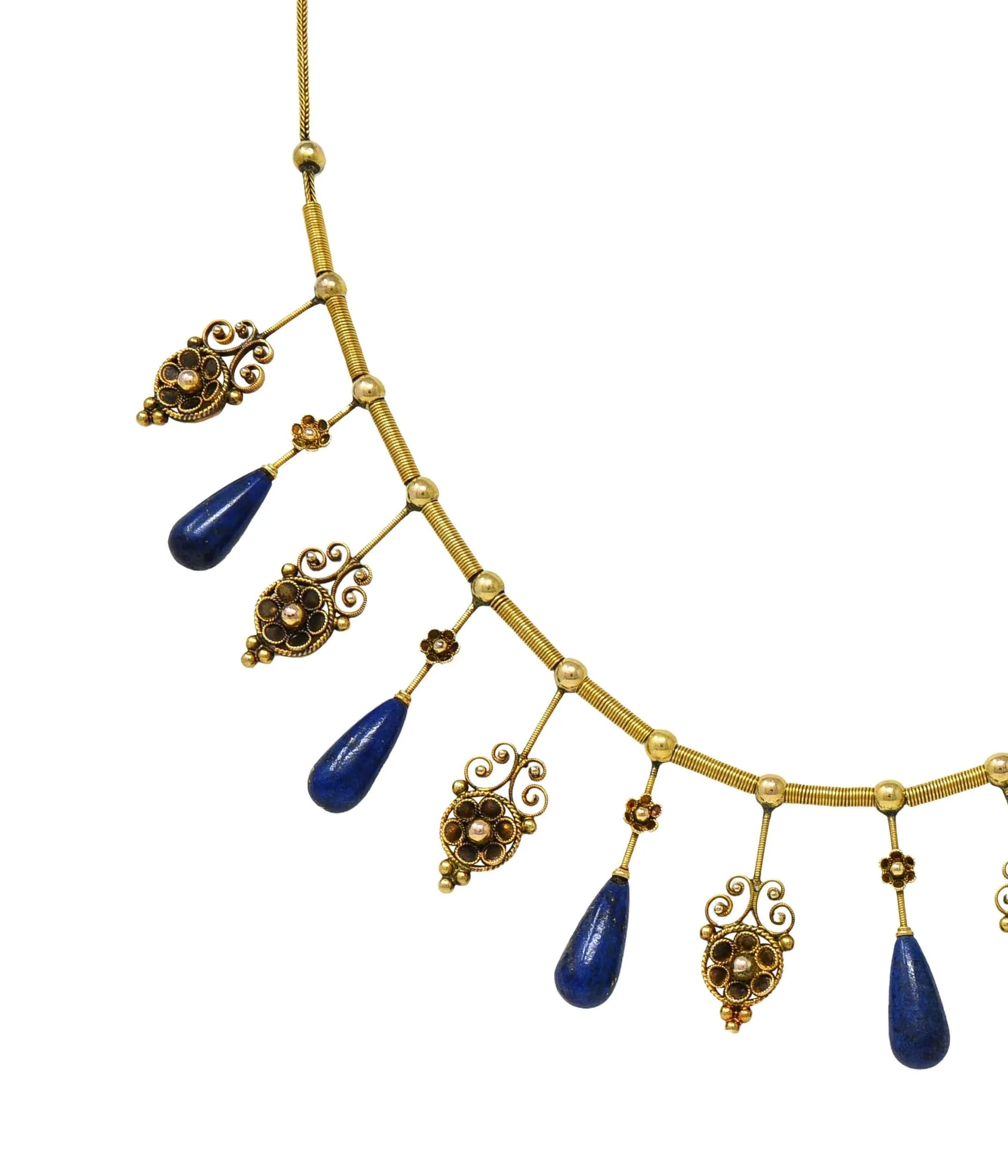 Victorian Etruscan Revival Lapis Lazuli 14 Karat Gold Antique Filigree Fringe Necklace