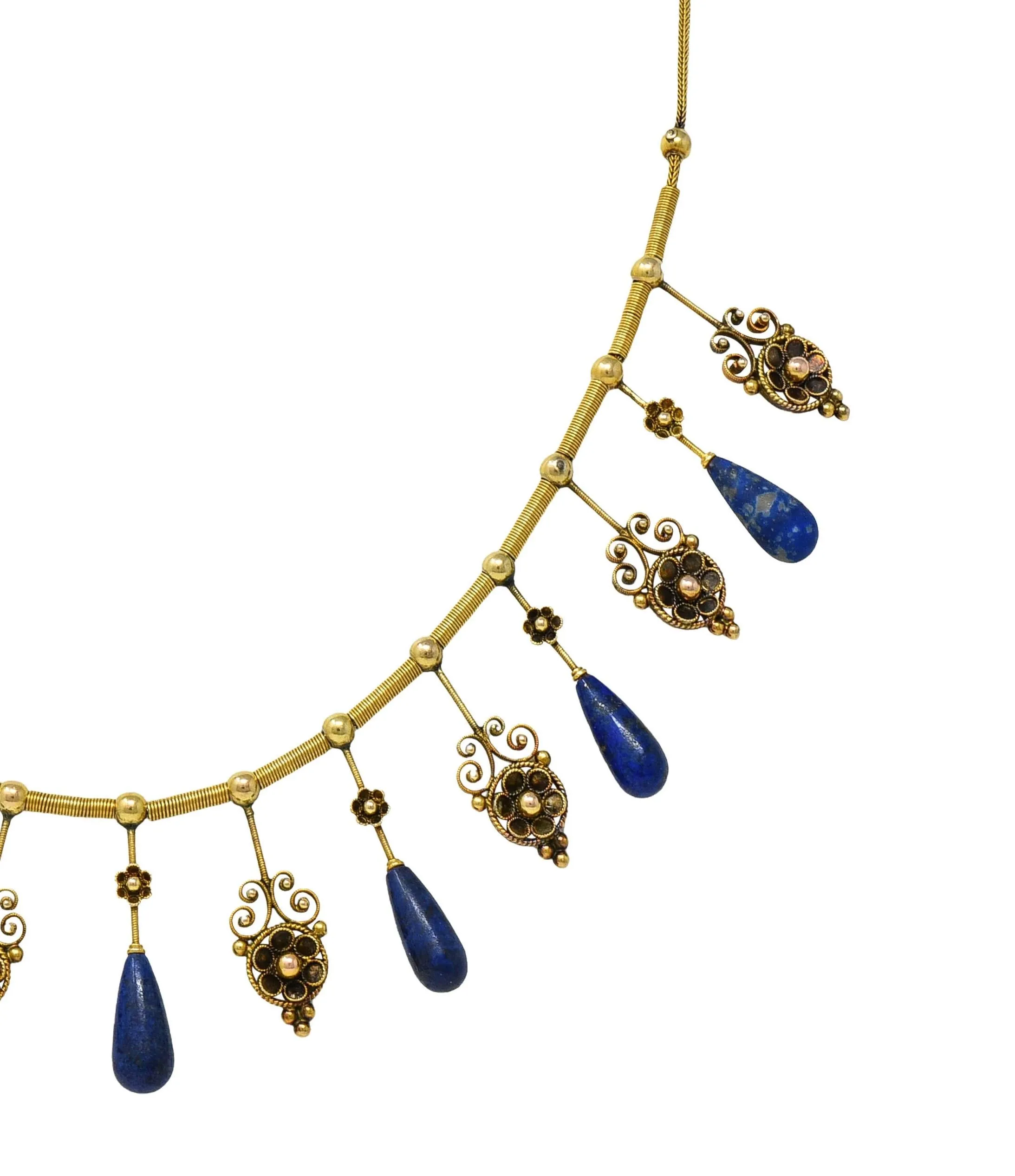 Victorian Etruscan Revival Lapis Lazuli 14 Karat Gold Antique Filigree Fringe Necklace