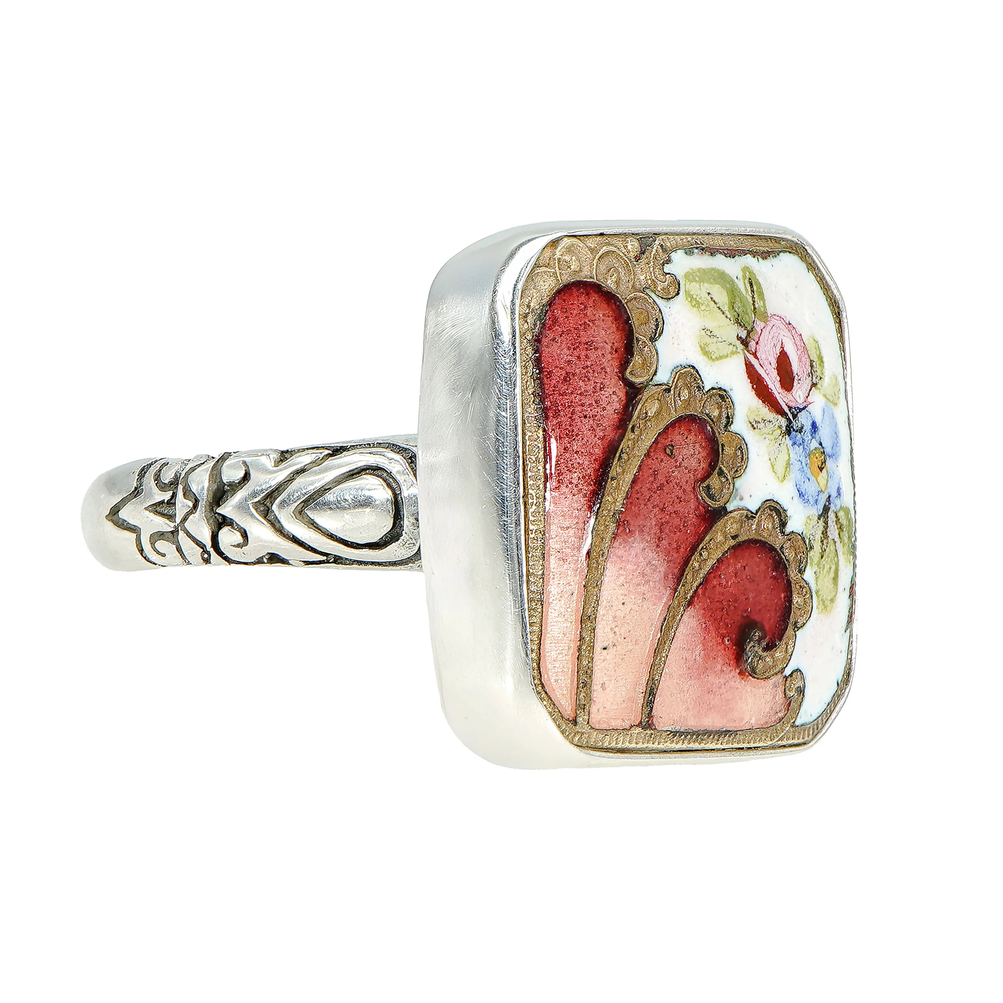 Victorian Hand Painted Floral Button Ring